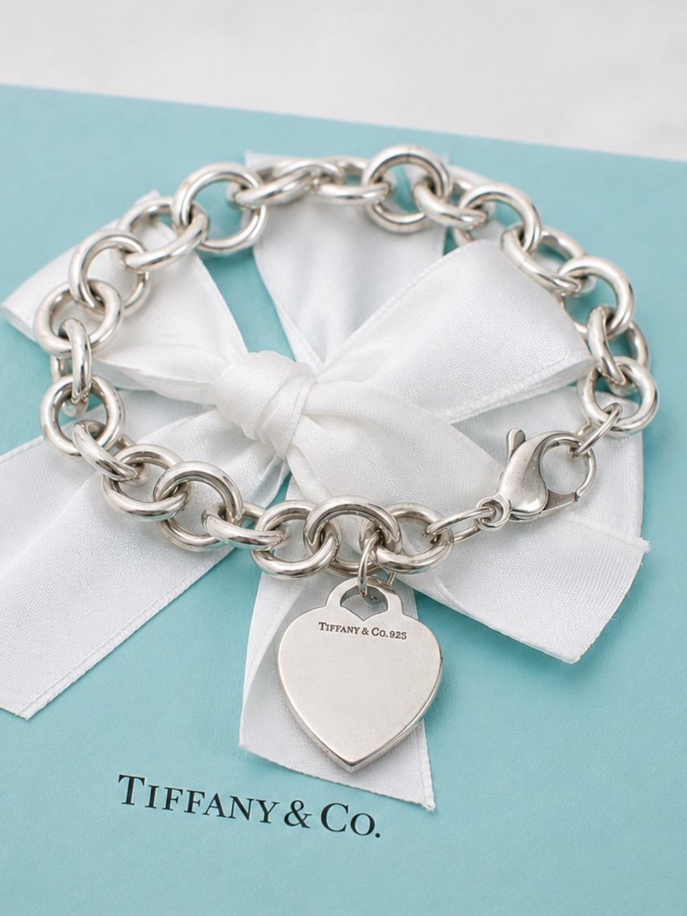 Vintage Tiffany & Co. Sterling Silver Heart Tag Charm Bracelet 7.75” Authentic